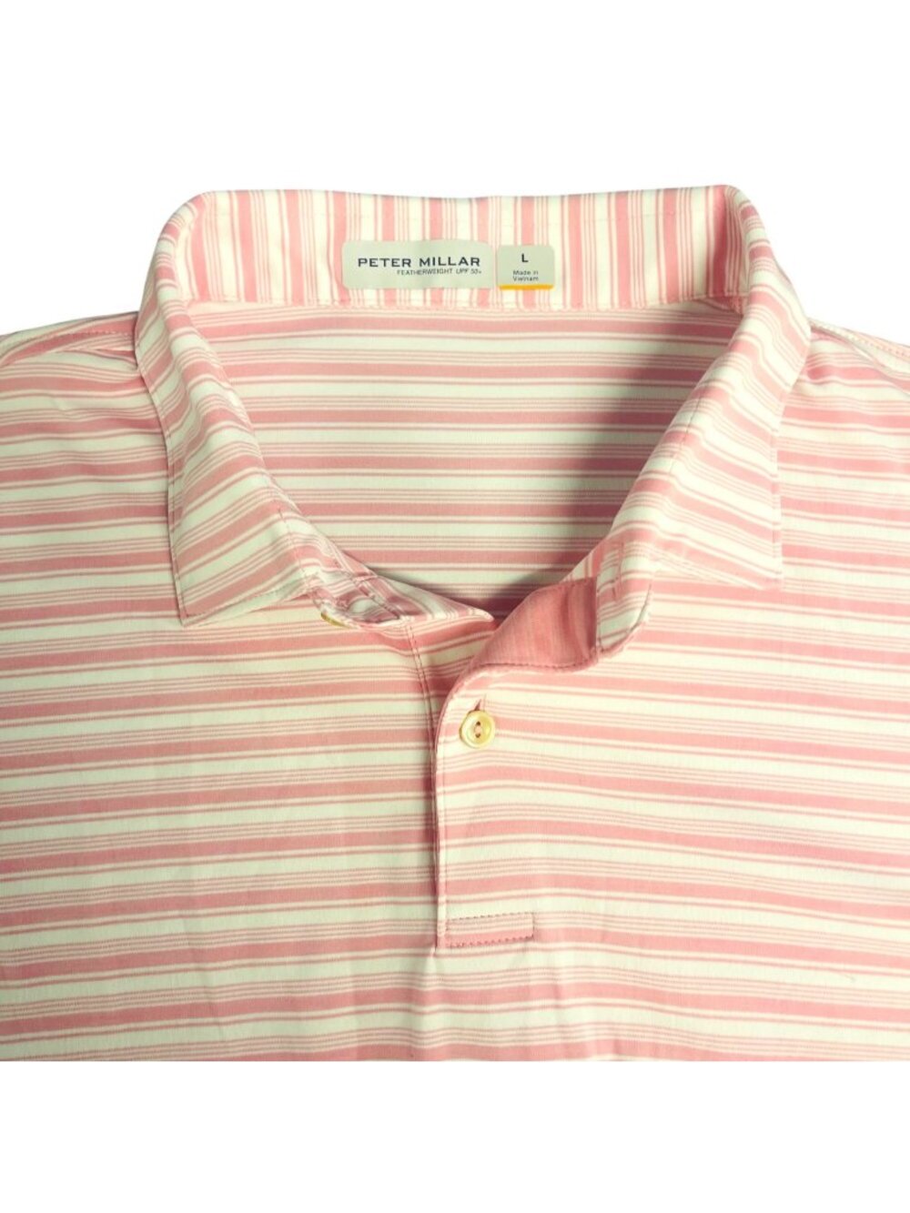 Peter Millar Polo Shirt Men's Size L Featherweight UPF 50+ Pink White Striped